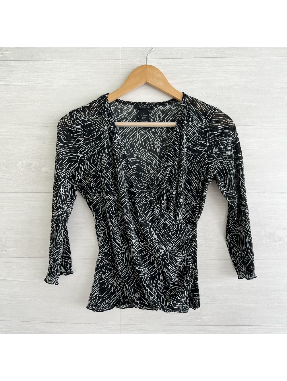 Vintage The Limited Y2K Black White Mesh Faux Wrap Ruched Top S 3/4 Sleeve